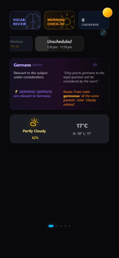 Day2Day Life mobile Today overview showing daily check-in, schedule, vocabulary and weather